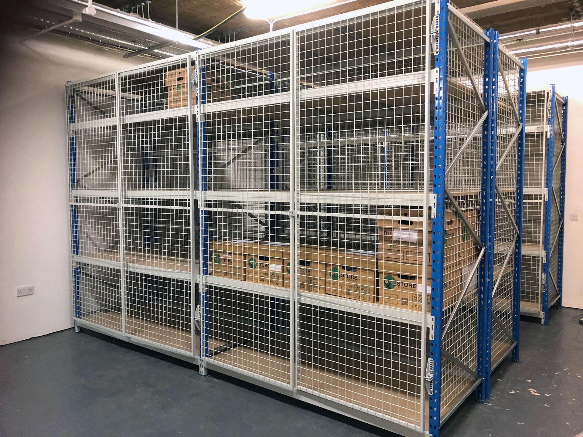 Lockable mesh doors on longspan shelving for security and safety