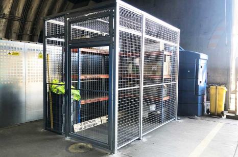 Security cage with lockable single door and secure encaged mesh roof