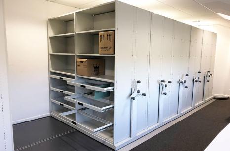Hanging drawers for filing mobile shelving